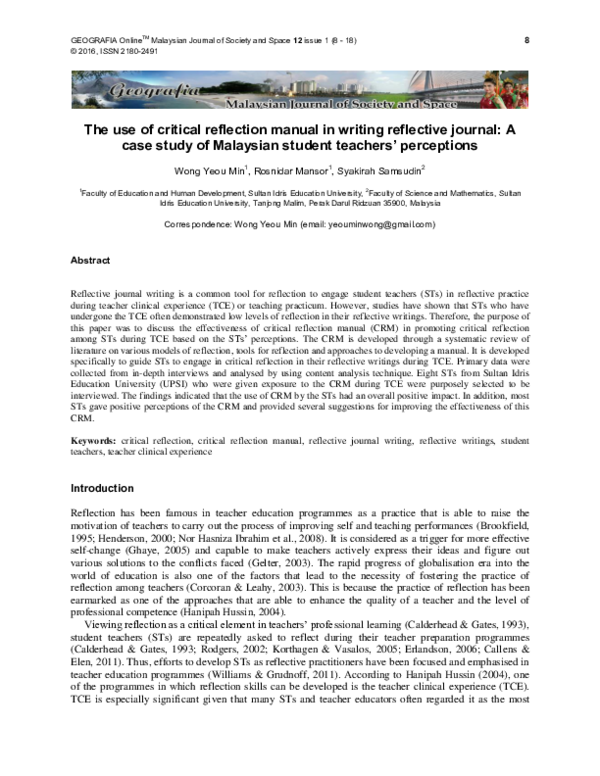 (PDF) The use of critical reflection manual in writing reflective ...