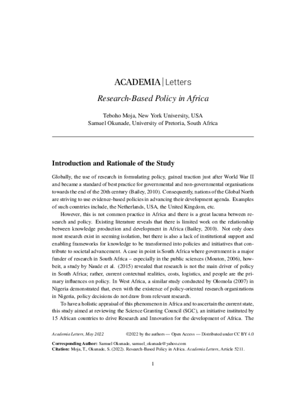 (PDF) Research-Based Policy in Africa