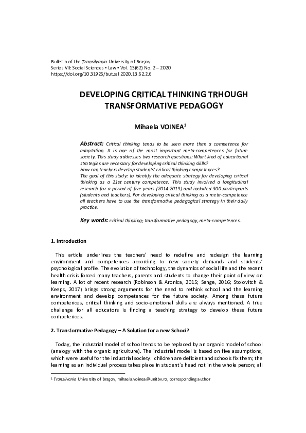 (PDF) Developing critical thinking trhough transformative pedagogy