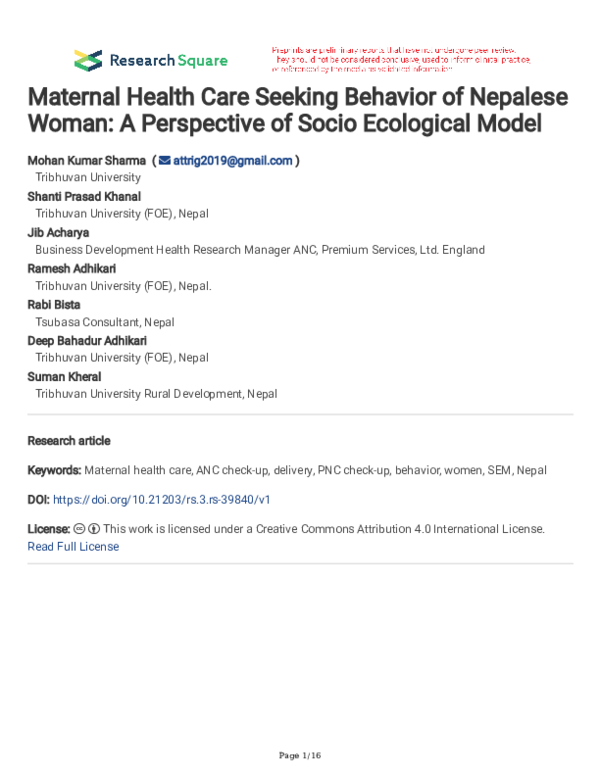 (PDF) Maternal Health Care Seeking Behavior of Nepalese Woman: A ...