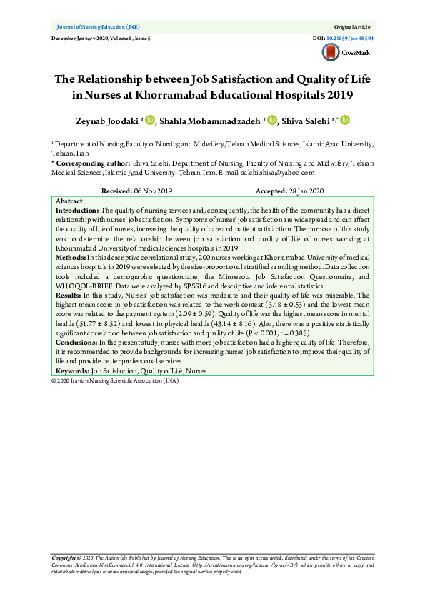 (PDF) The Relationship between Job Satisfaction and Quality of Life in ...