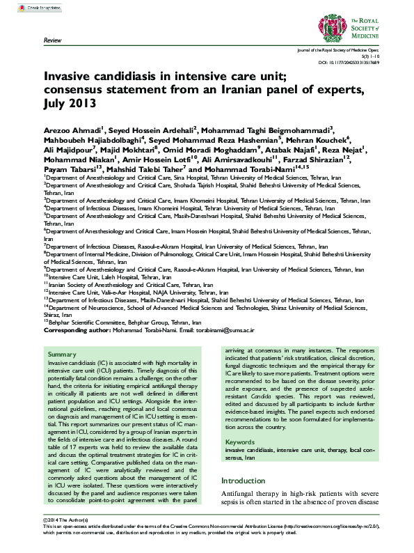 (PDF) Invasive candidiasis in intensive care unit; consensus statement ...