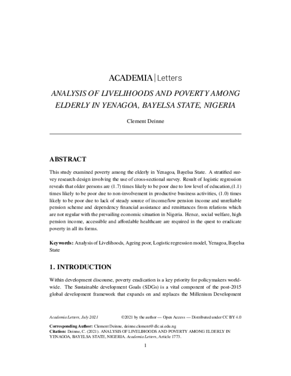 (PDF) ANALYSIS OF LIVELIHOODS AND POVERTY AMONG ELDERLY IN YENAGOA ...