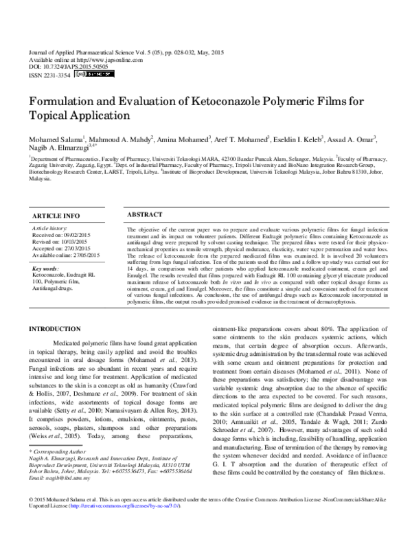 (PDF) Formulation and Evaluation of Ketoconazole Polymeric Films for ...