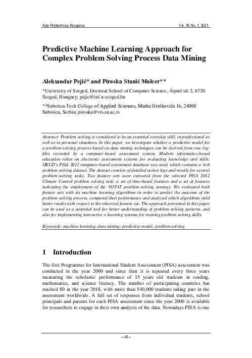 (PDF) Predictive Machine Learning Approach for Complex Problem Solving ...