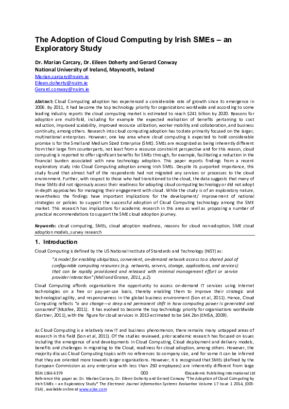 (PDF) The Adoption of Cloud Computing by Irish SMEs-an Exploratory Study