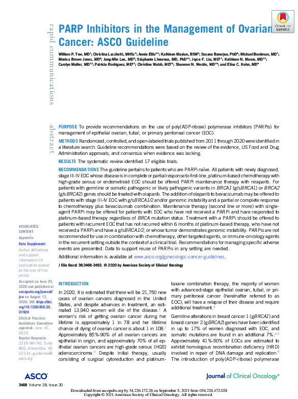 (PDF) PARP Inhibitors in the Management of Ovarian Cancer: ASCO Guideline