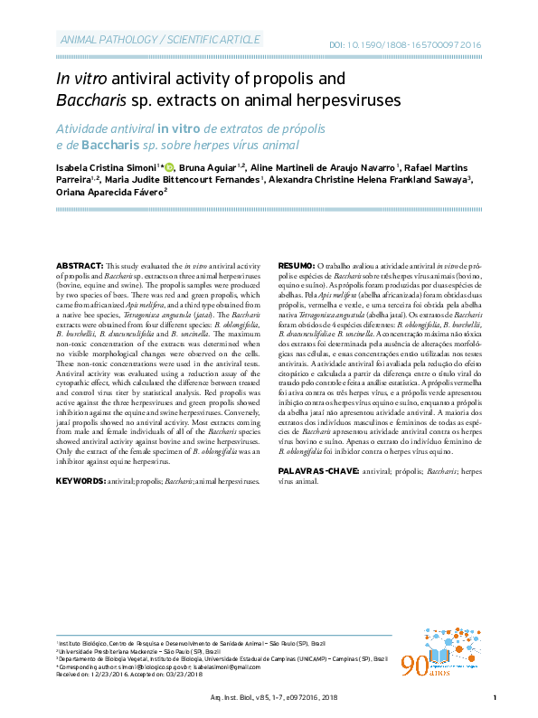 (PDF) In vitro antiviral activity of propolis and Baccharis sp ...