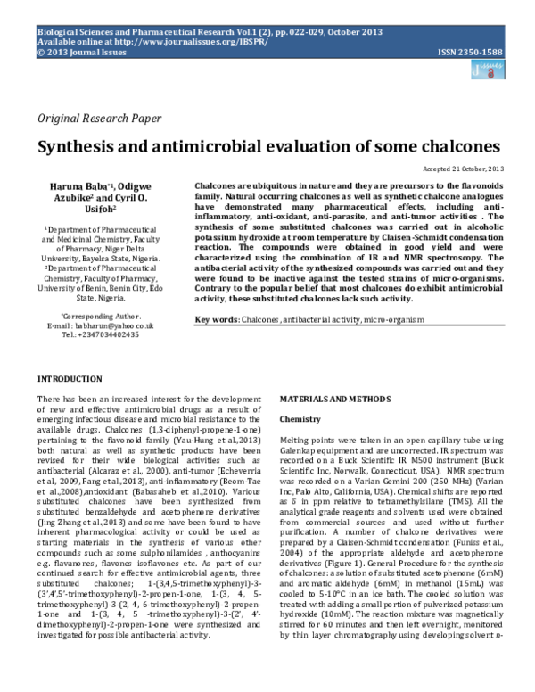 (PDF) Synthesis and antimicrobial evaluation of some chalcones