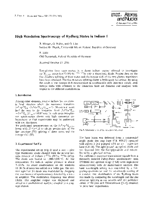 (PDF) High resolution spectroscopy of rydberg states in indium I