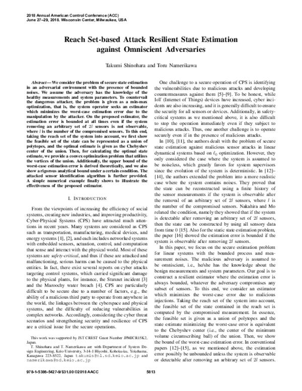 (PDF) Reach Set-based Attack Resilient State Estimation against ...