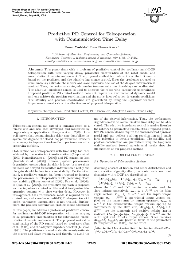 (PDF) Predictive PD Control for Teleoperation with Communication Time Delay