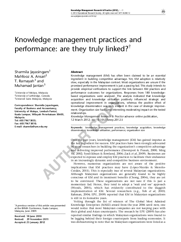 (PDF) Knowledge management practices and performance: are they truly ...
