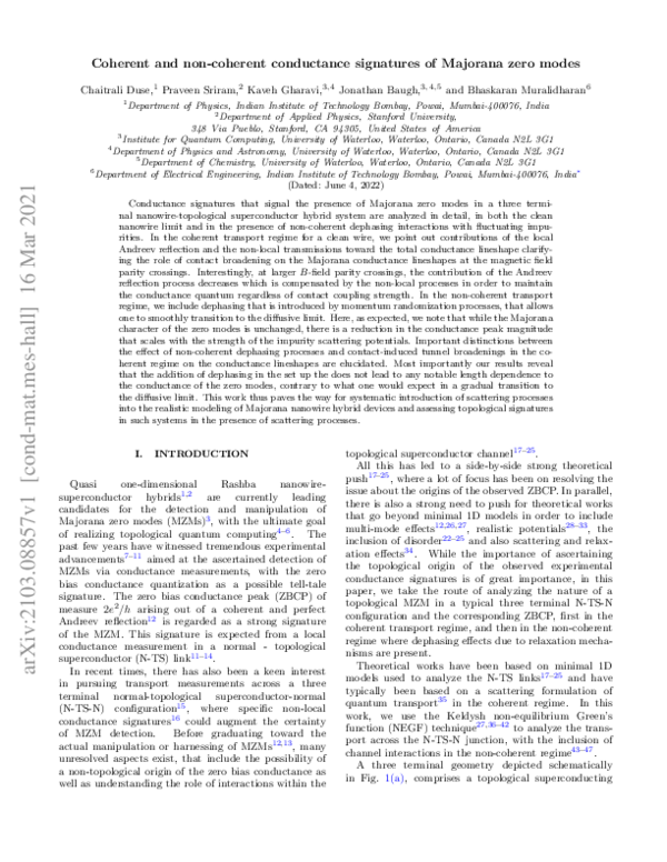 (PDF) Coherent and non-coherent conductance signatures of Majorana zero ...