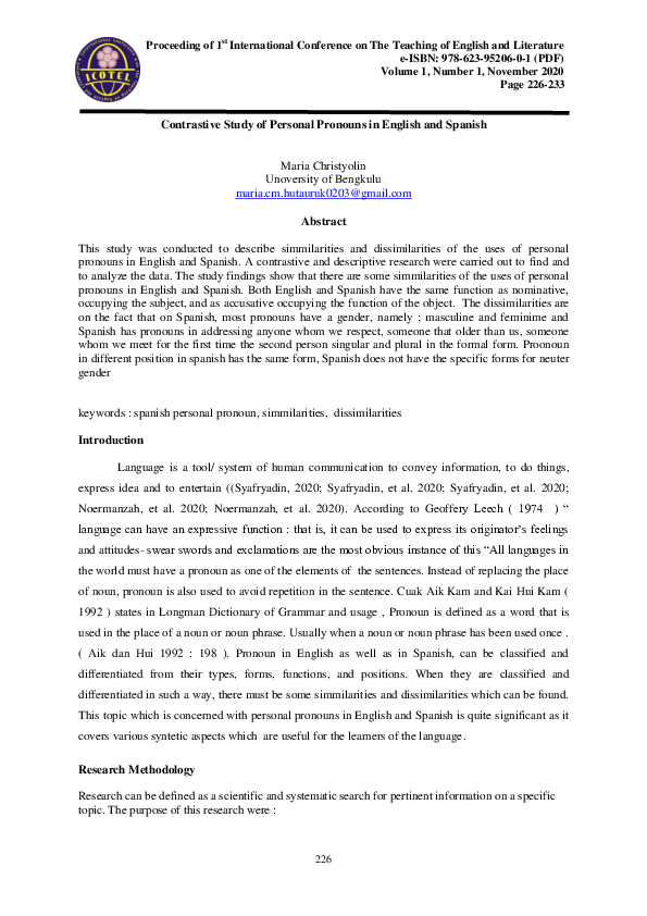(PDF) Contrastive Study of Personal Pronouns in English and Spanish