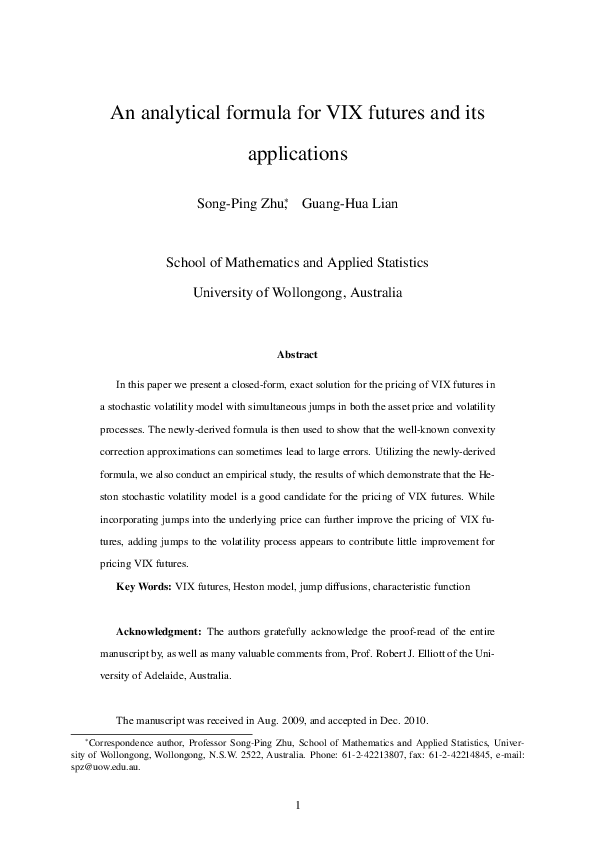 (PDF) An analytical formula for VIX futures and its applications