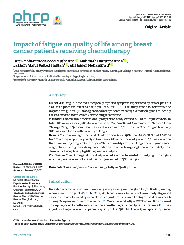 (PDF) Impact of fatigue on quality of life among breast cancer patients ...