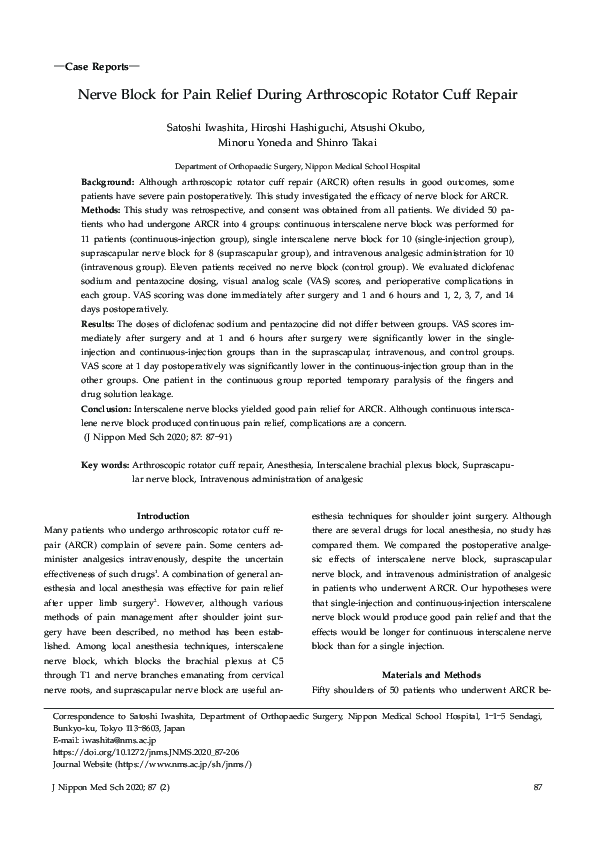(PDF) Nerve Block for Pain Relief During Arthroscopic Rotator Cuff