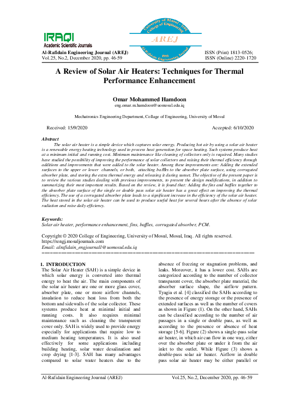 (PDF) A review of solar air heaters: techniques for thermal performance ...