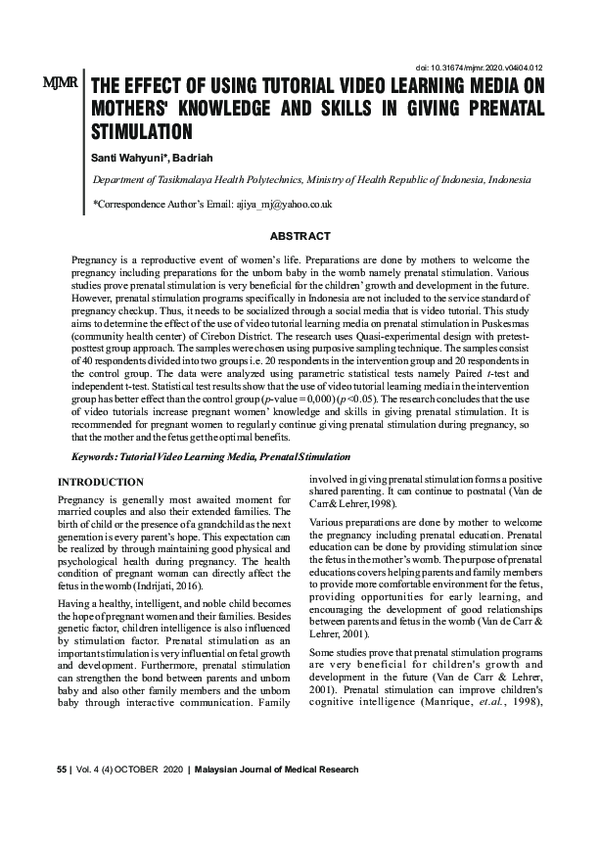 (PDF) The Effect of Using Tutorial Video Learning Media Onmothers ...