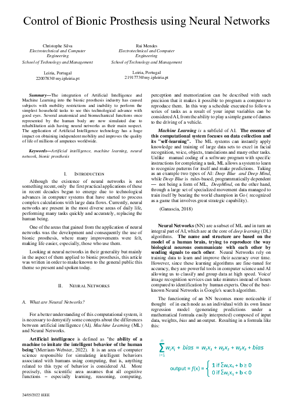 (PDF) Control of Bionic Prosthesis using Neural Networks