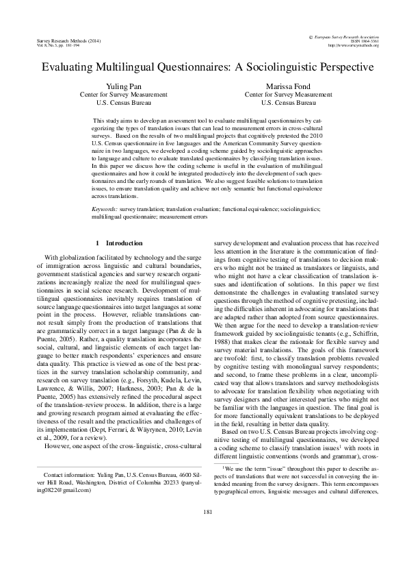 (PDF) Evaluating Multilingual Questionnaires: A Sociolinguistic Perspective