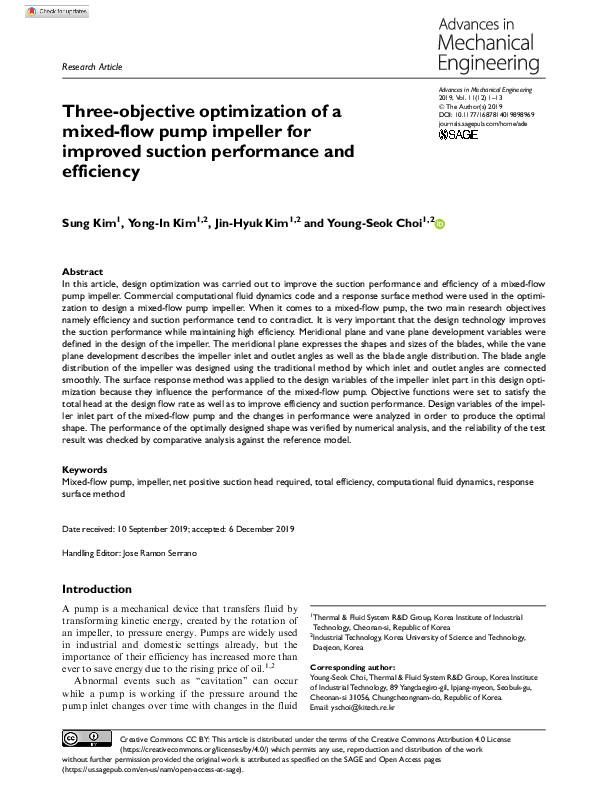 (PDF) Three-objective optimization of a mixed-flow pump impeller for ...