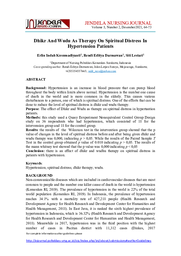 (PDF) Dhikr And Wudu As Therapy On Spiritual Distress In Hypertension ...