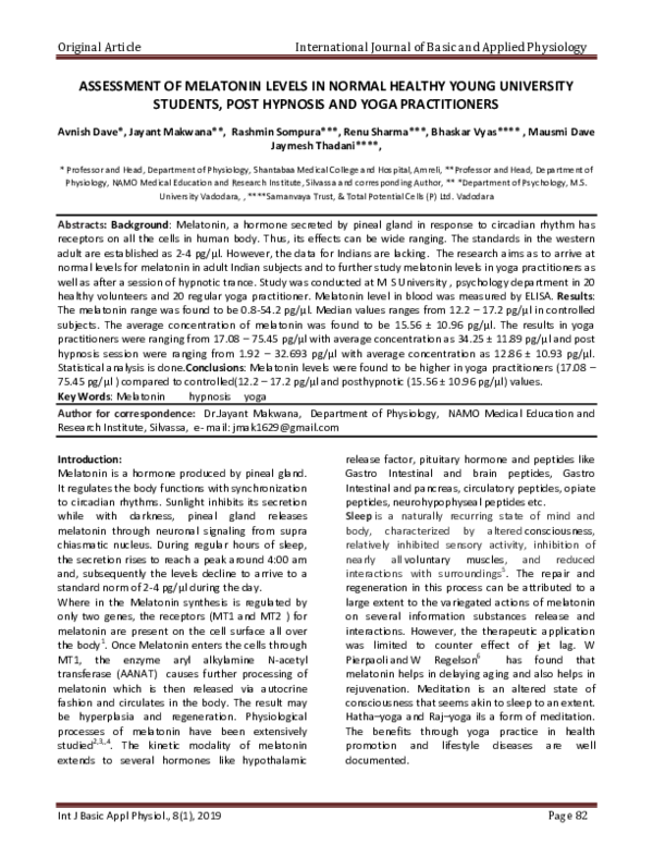 (PDF) Assessment of Melatonin Levels in Normal Healthy Young University ...