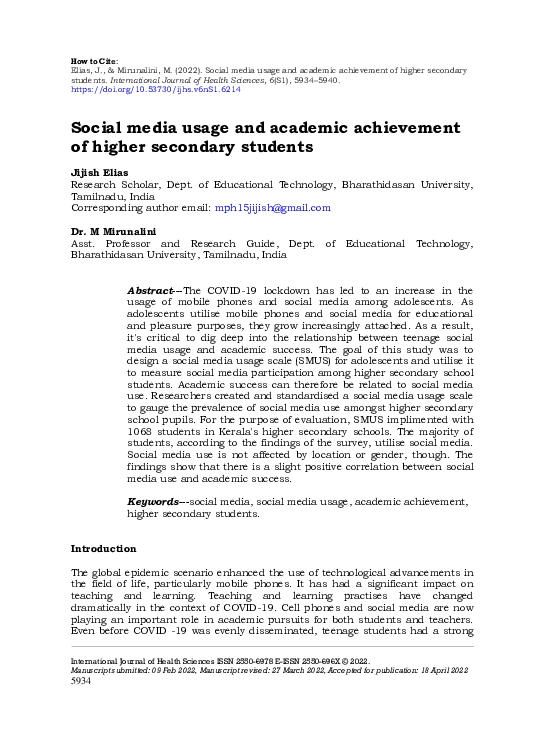 (PDF) Social media usage and academic achievement of higher secondary ...