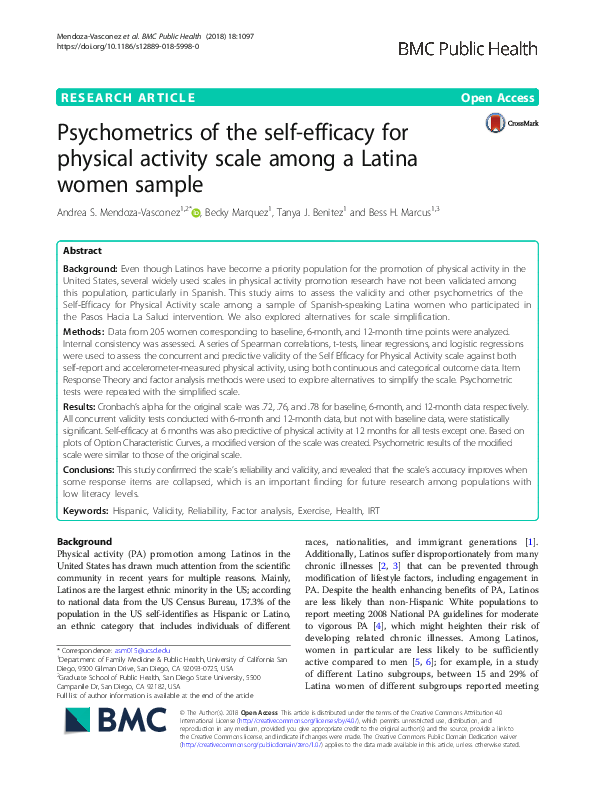 (PDF) Psychometrics of the self-efficacy for physical activity scale ...