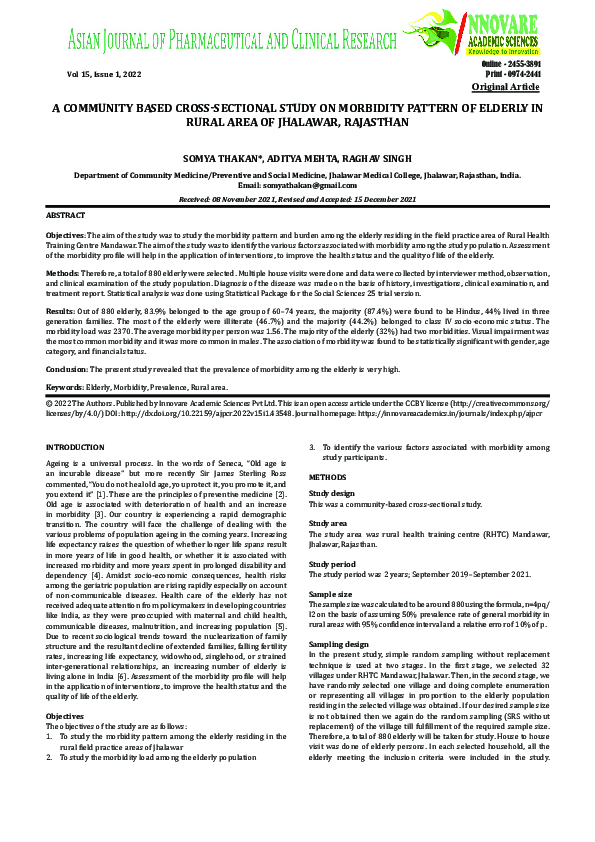 (PDF) A Community Based Cross-Sectional Study on Morbidity Pattern of ...