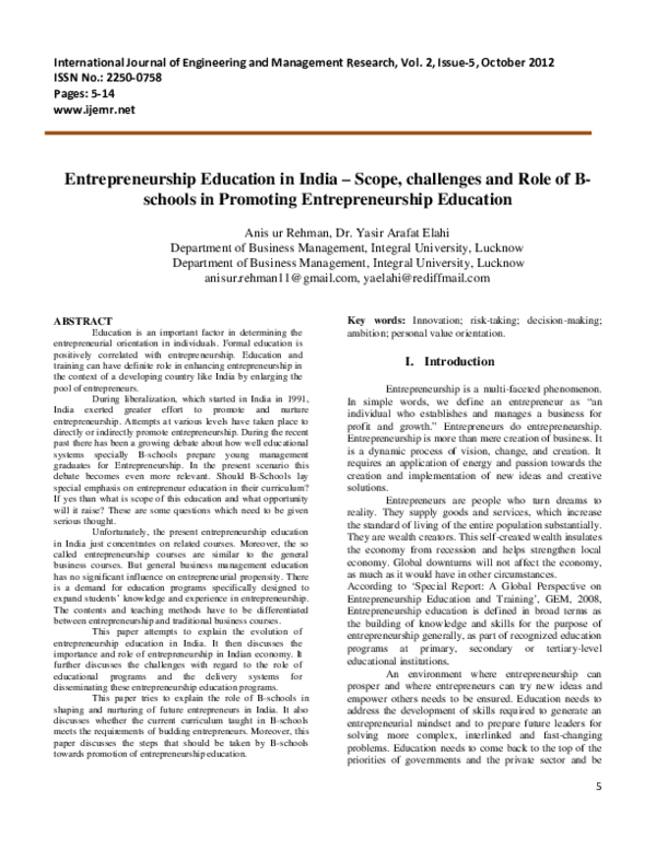 (PDF) Entrepreneurship Education in India - Scope, challenges and Role ...