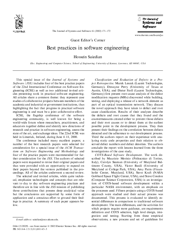 (PDF) ’ s Corner Best practices in software engineering