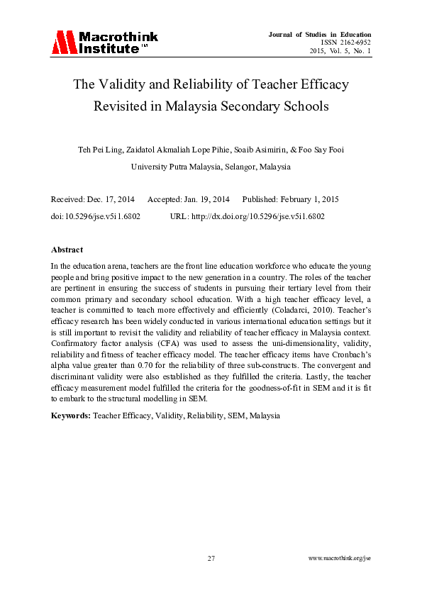 (PDF) The Validity and Reliability of Teacher Efficacy Revisited in ...