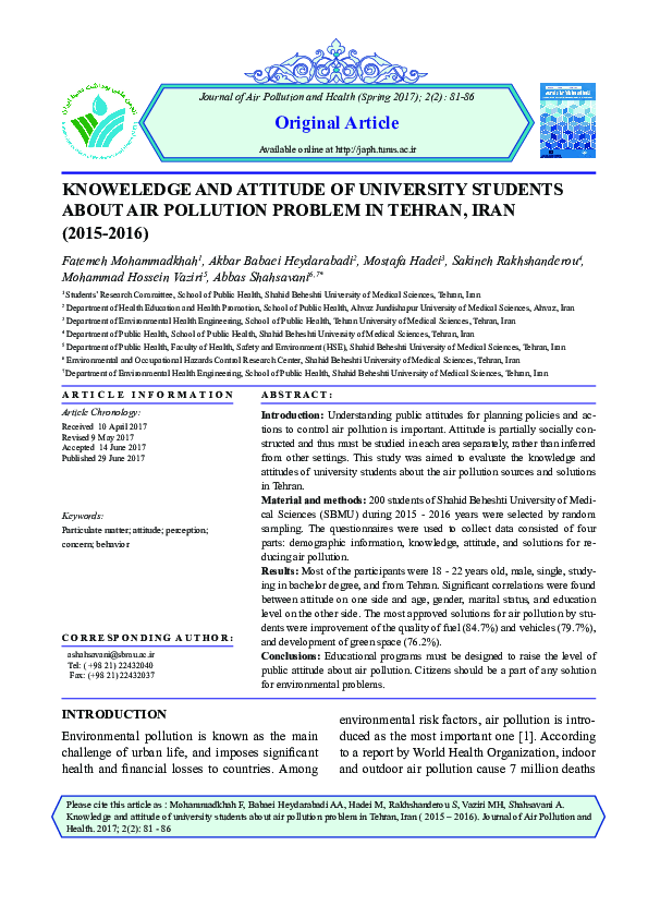(PDF) Journal of Air Pollution and Health abbas shahsavani Academia.edu