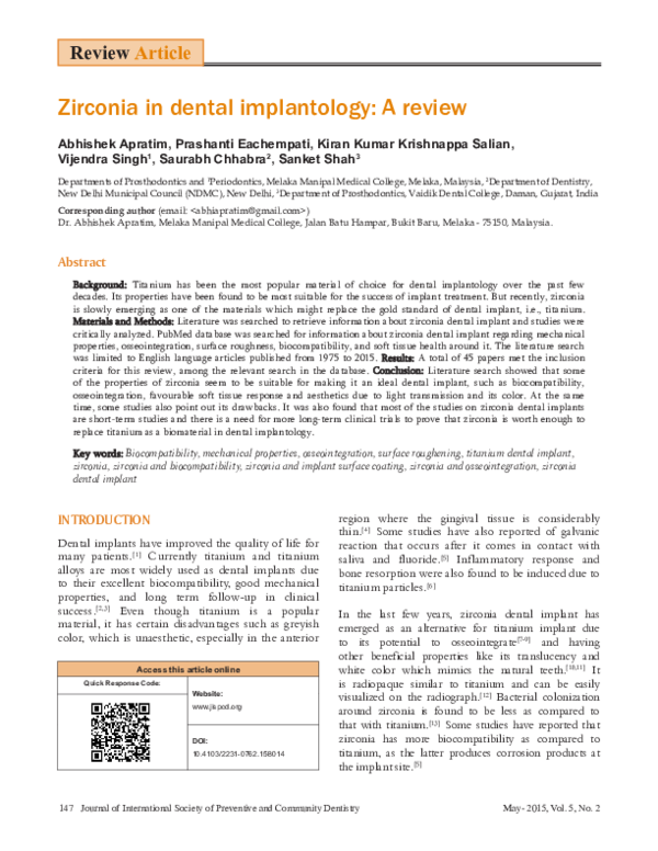 (PDF) Zirconia in dental implantology: A review