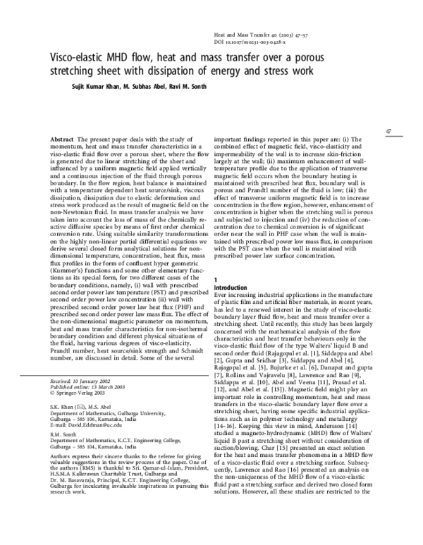 (PDF) Visco-elastic MHD flow, heat and mass transfer over a porous ...