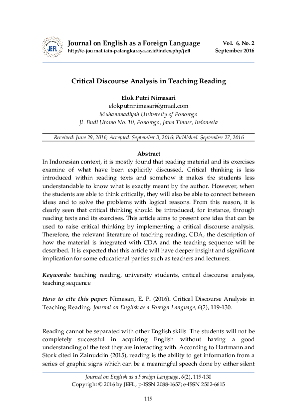 (PDF) Critical discourse analysis in teaching reading