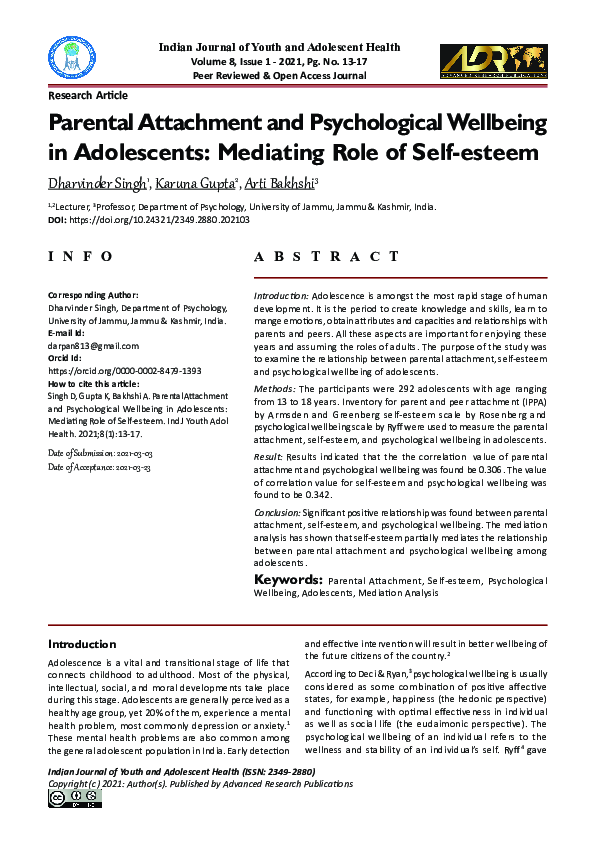 (PDF) Parental Attachment and Psychological Wellbeing in Adolescents ...