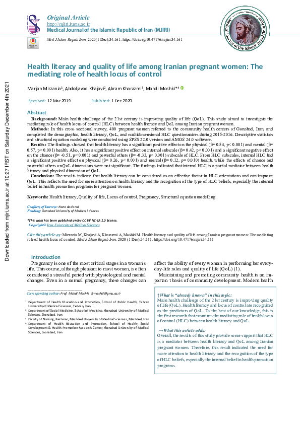(PDF) Health literacy and quality of life among Iranian pregnant women ...