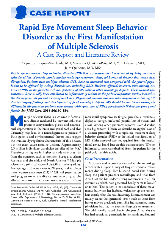 (PDF) Rapid Eye Movement Sleep Behavior Disorder as the First ...