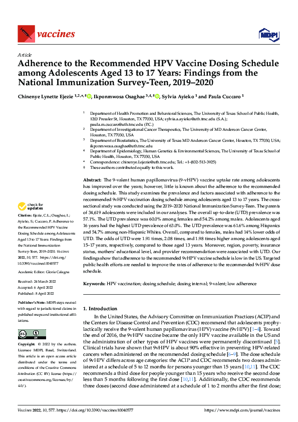  pdf adherence to the recommended hpv vaccine dosing schedule among