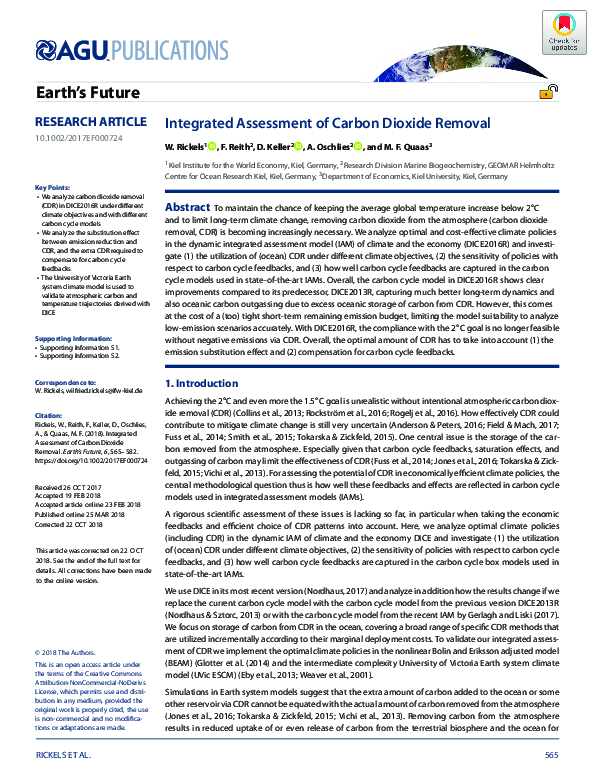 (PDF) Integrated Assessment of Carbon Dioxide Removal