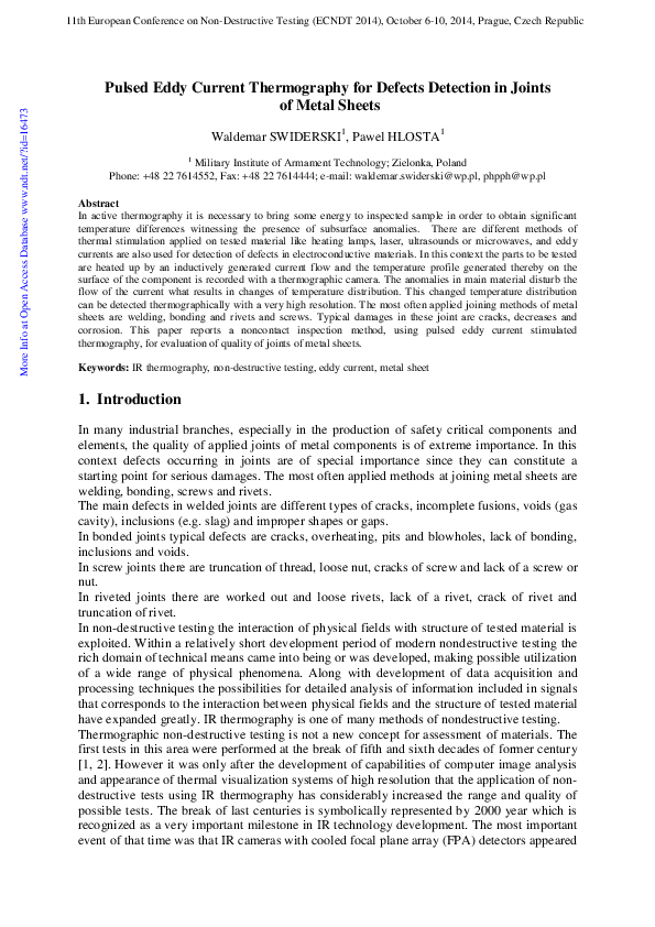 (PDF) Pulsed Eddy Current Thermography for Defects Detection in Joints ...