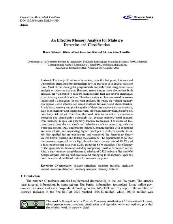 (PDF) An Effective Memory Analysis for Malware Detection and Classification