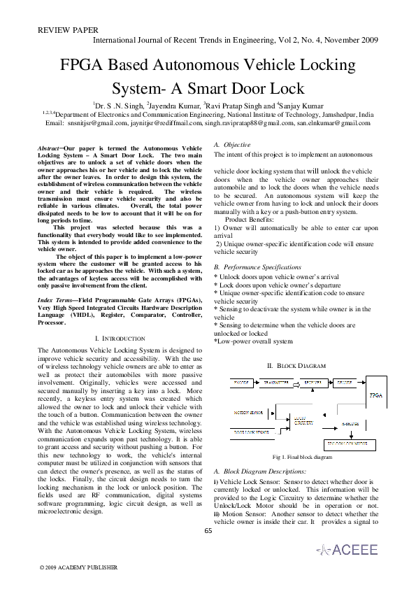 (PDF) FPGA Based Autonomous Vehicle Locking System A Smart Door Lock jayendra kumar