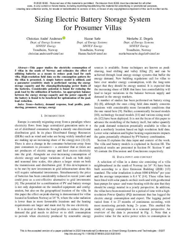 (PDF) Sizing Electric Battery Storage System for Prosumer Villas