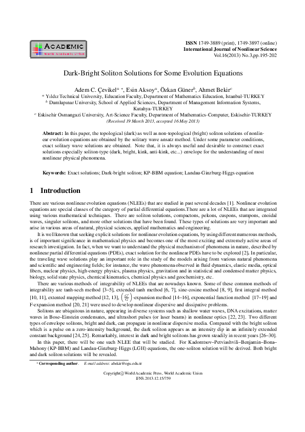 (PDF) Dark-Bright Soliton Solutions for Some Evolution Equations