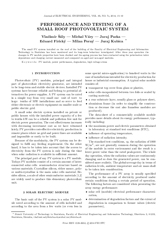 (PDF) Performance and Testing of a Small Roof Photovoltaic System